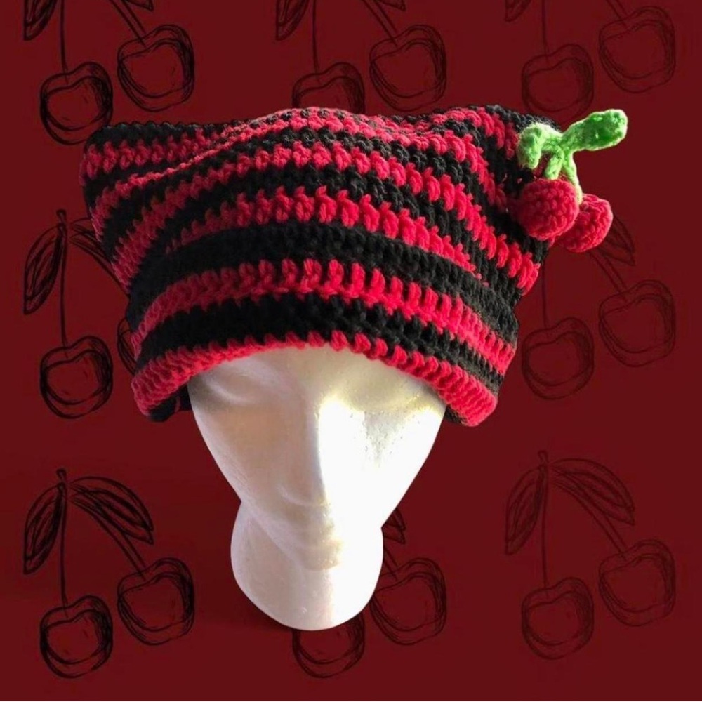 crochet black and red cherry detail striped cat ear beanie HANDMADE